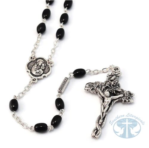 St. Joseph Black and Silver Rosary- Vine Cross
