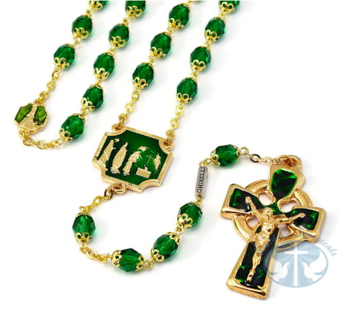 Knock Apparition Celtic Emerald and Gold Rosary