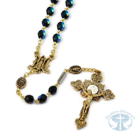 Miraculous Medal Blue Aurora Borealis Crystal and Gold Rosary